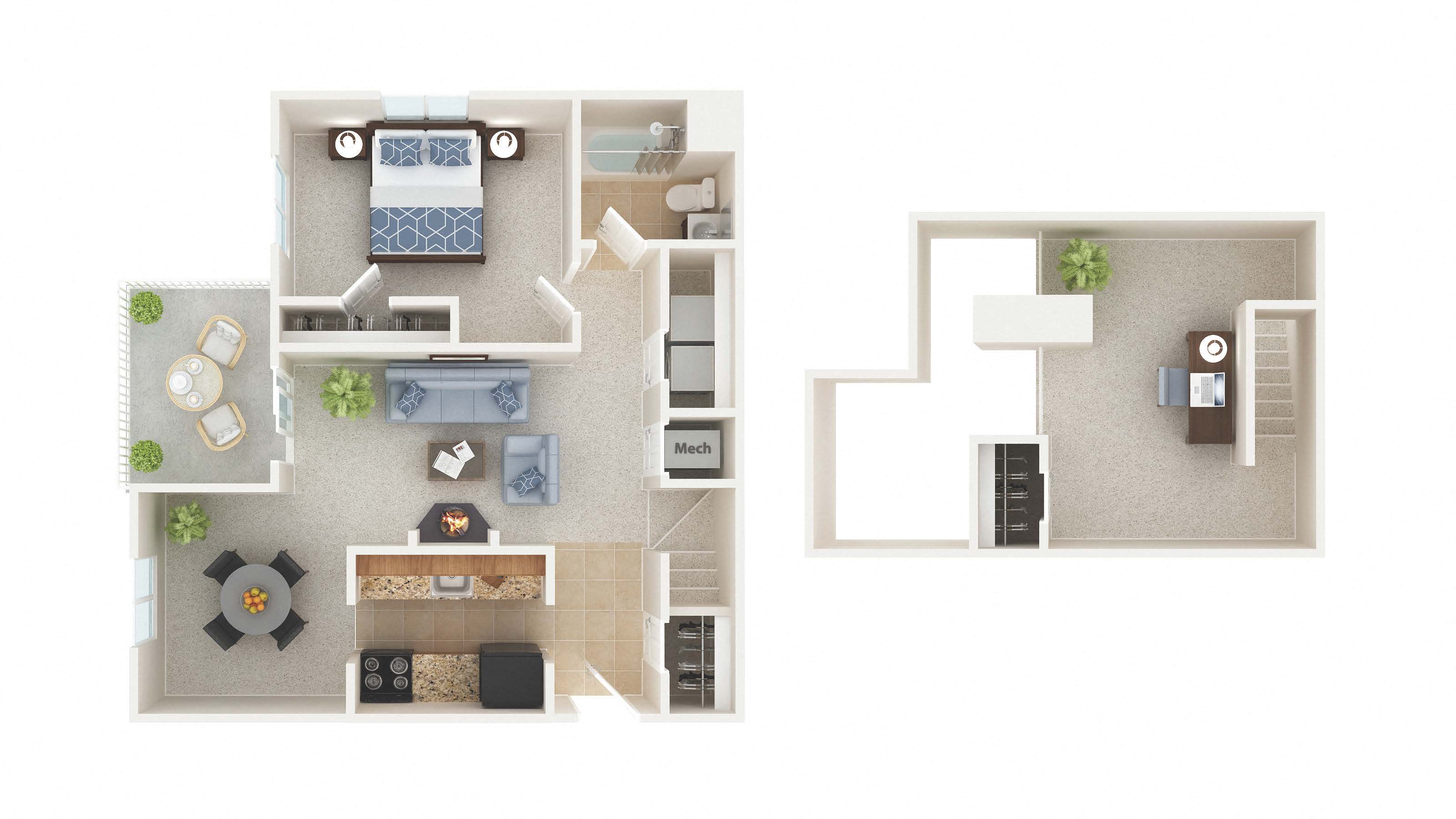 Floor plan for 1 bed, 1 bath, 943 sqft